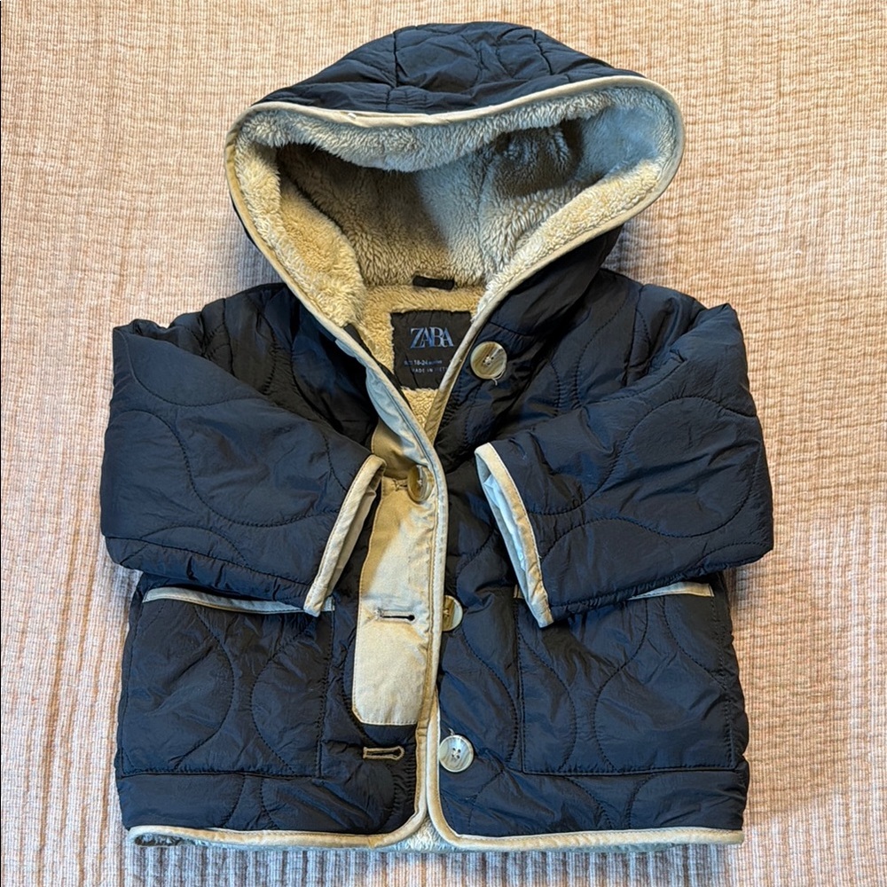 Zara Kids Black Hooded Quilted Jacket with Cream Trim